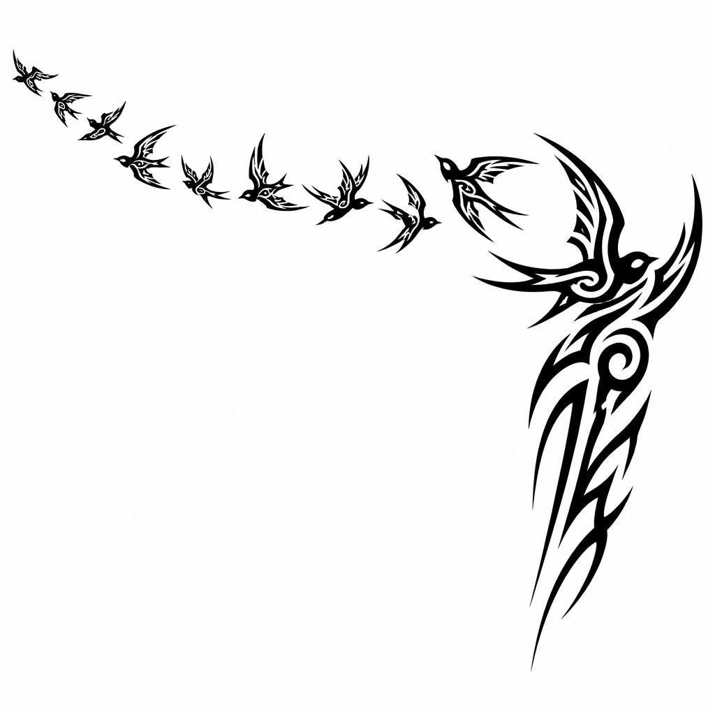 Tribal-Tattoo-Entwurf auf weißem Papier mit Vogelzug-Motiv in klaren schwarzen Linien, Flash-Sheet-Stil