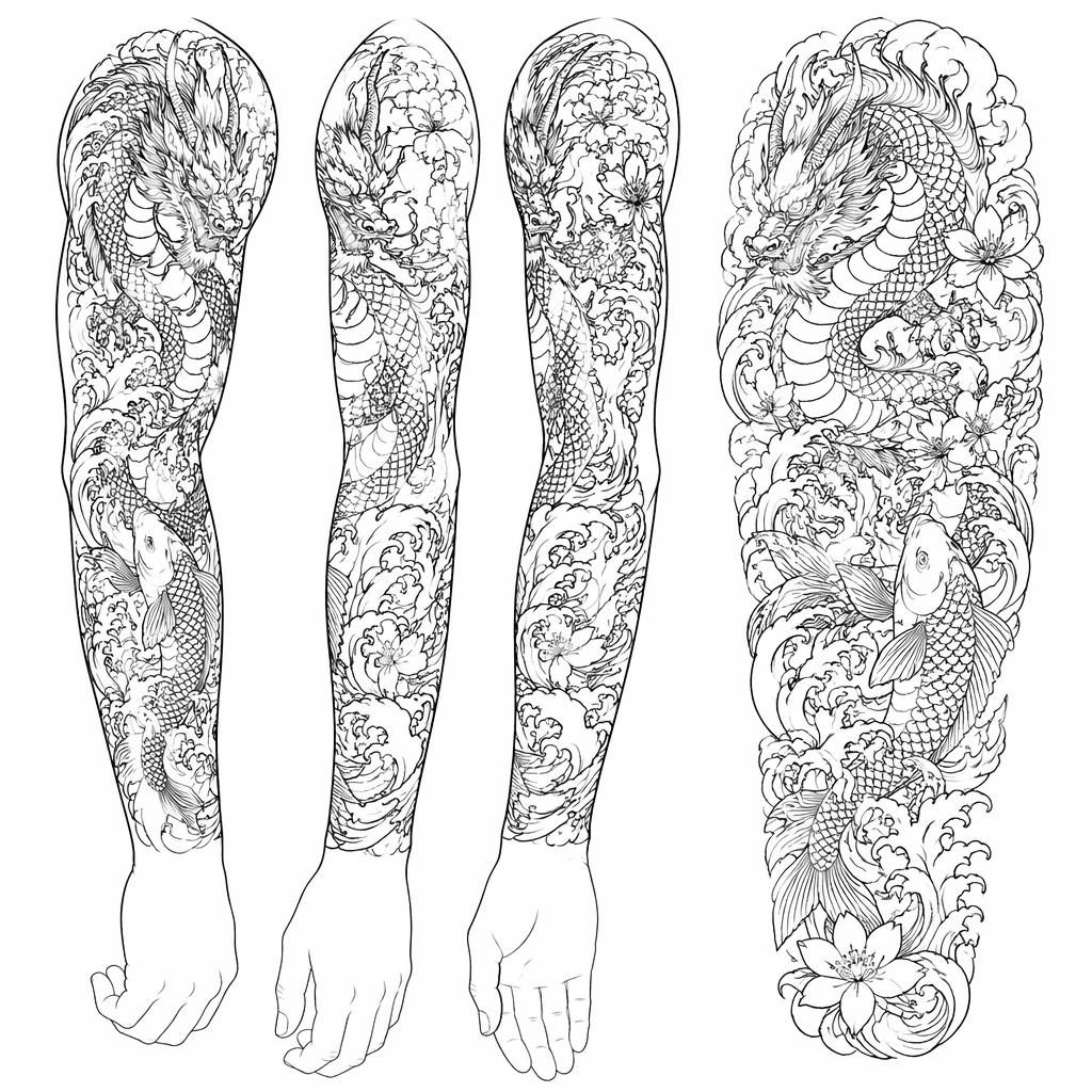 Diseño de tatuaje en papel blanco de manga japonesa con koi y dragón en estilo sketch de líneas negras.