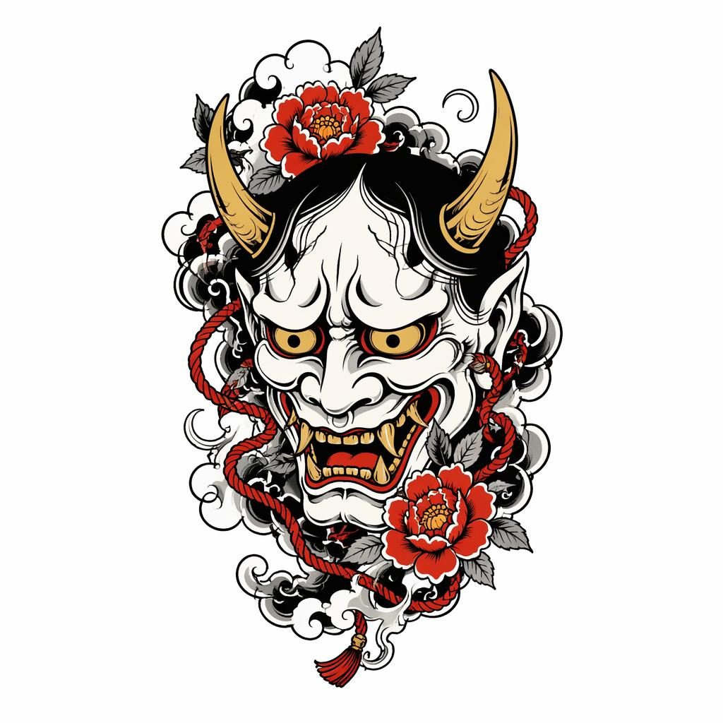 Tattoo-Design auf weißem Papier: japanische Hannya-Maske im Traditional-American-Stil, klare Linien, hoher Kontrast