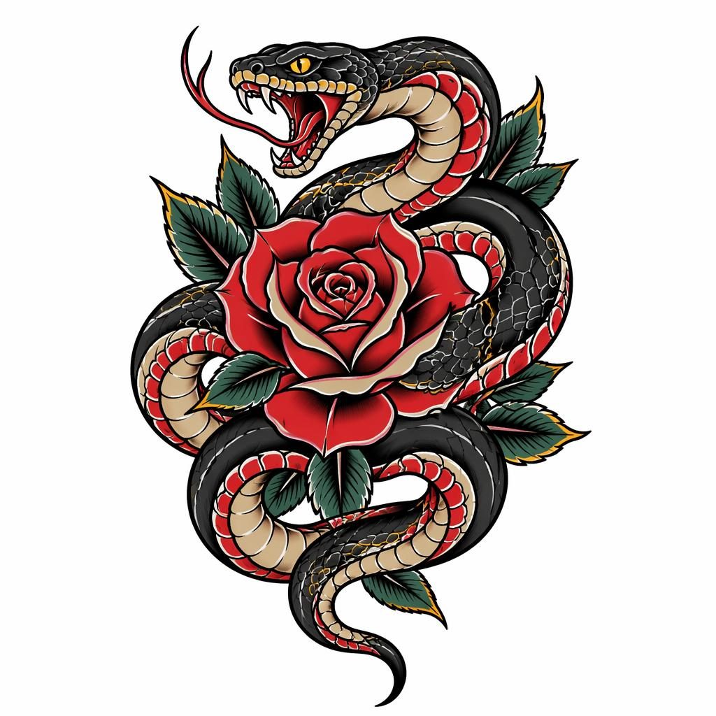 Tattoo-Design auf weißem Papier: Schlange und Rose im japanischen Irezumi-Stil, klare Linien, hoher Kontrast.
