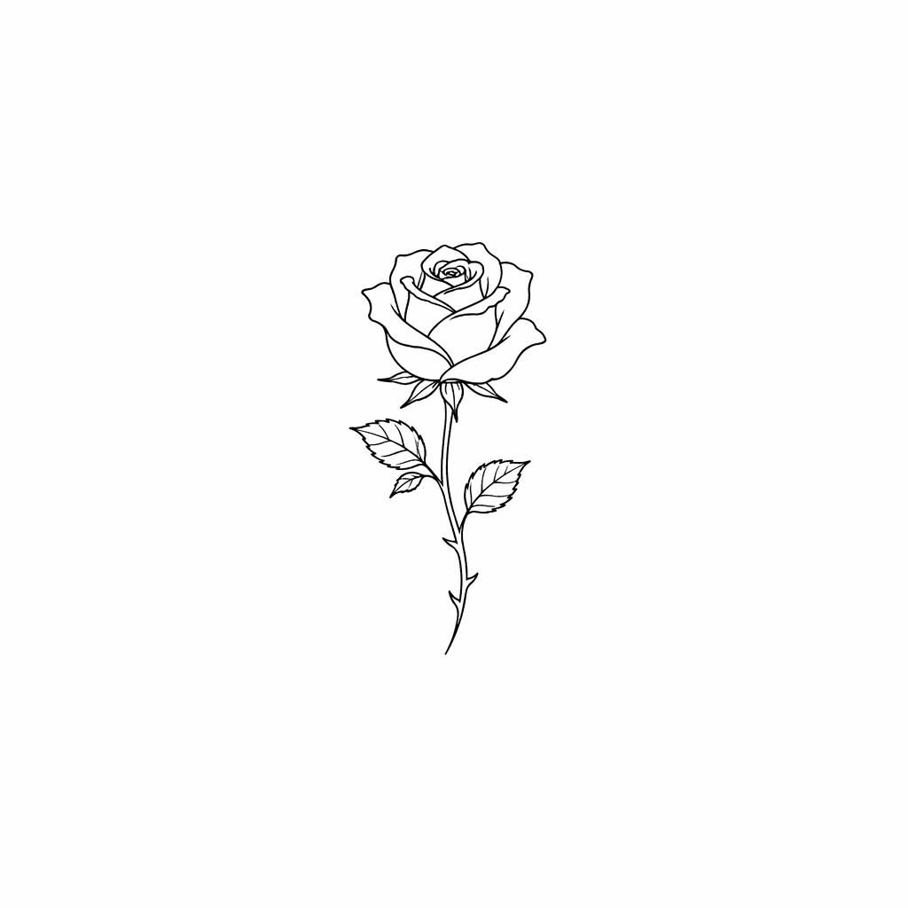 Minimalist fineline rose tattoo design on white paper in Japanese irezumi-inspired flash style, tiny finger size