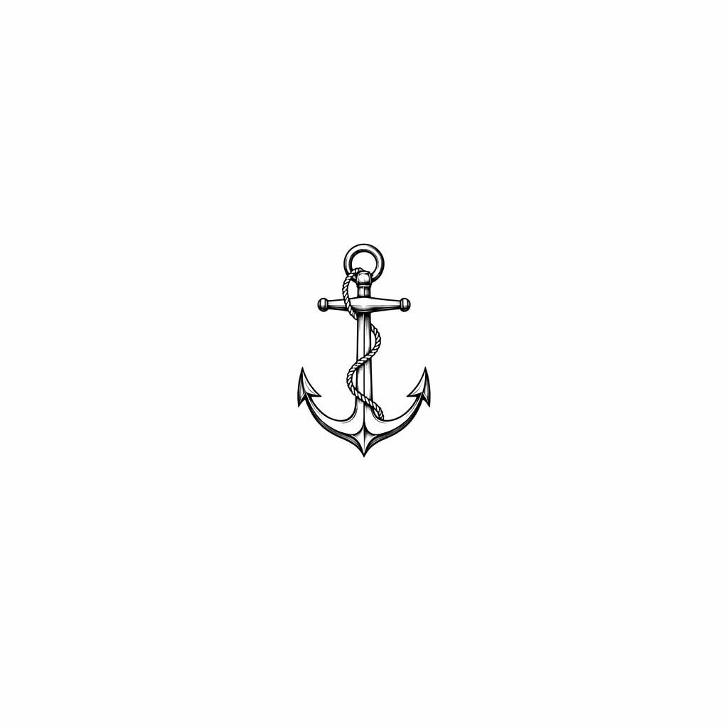 Minimalist fineline anchor tattoo design on white paper, tiny neo-traditional flash style with sharp black lines.