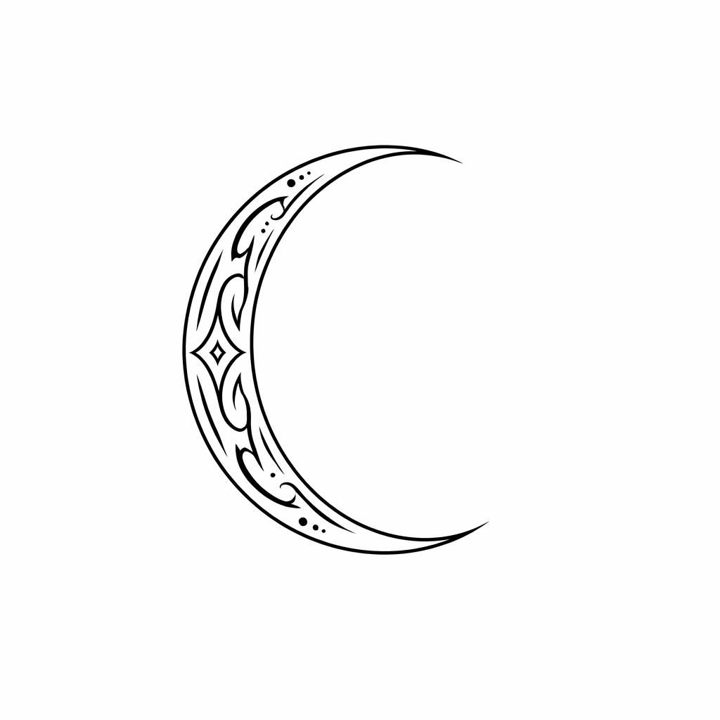 Minimalist fineline crescent moon tribal tattoo design on white paper, clean flash-style linework on plain white background.
