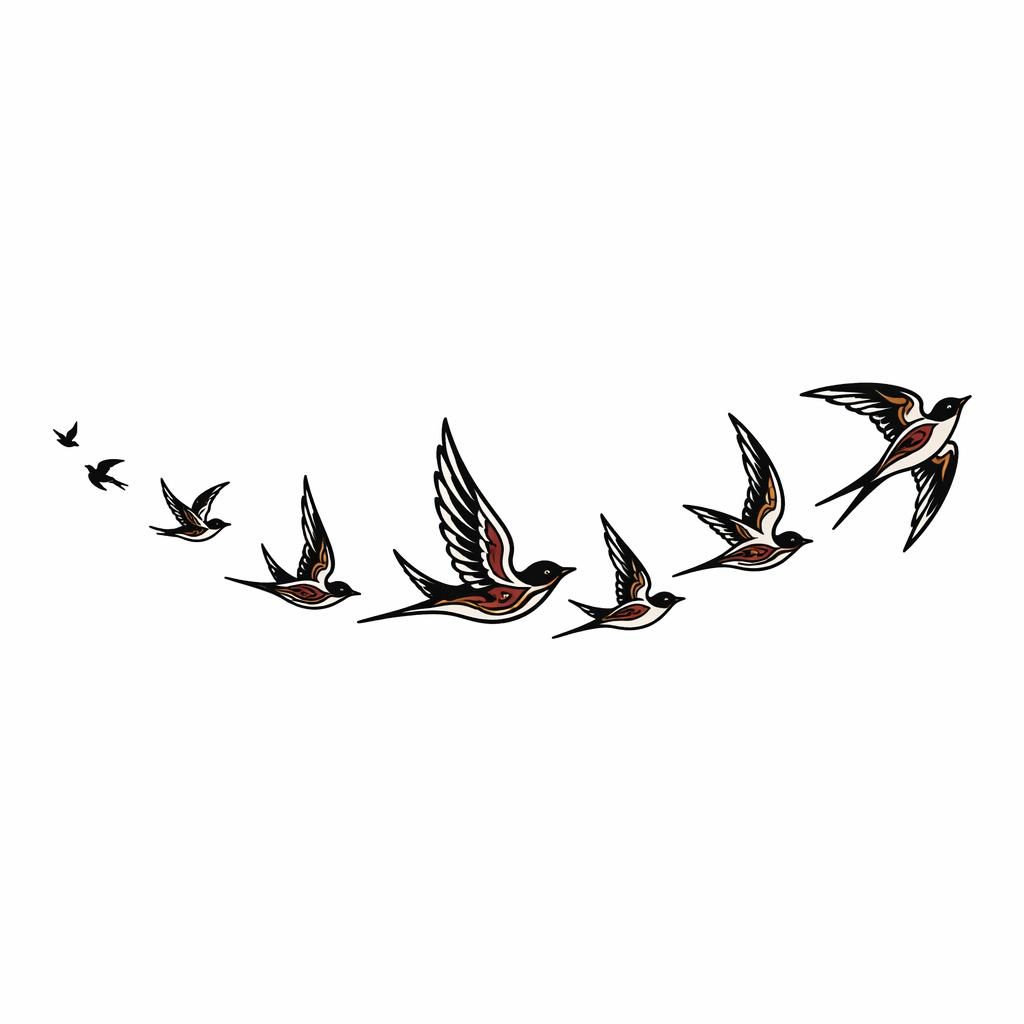 Diseño de tatuaje en papel blanco con una bandada de aves en trazo neo-tradicional, pequeño y de alto contraste.