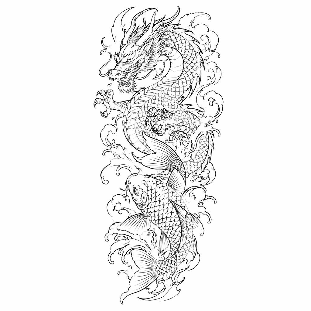 Black linework tattoo flash on white paper showing a Japanese koi dragon sleeve concept with sharp, clean outlines.