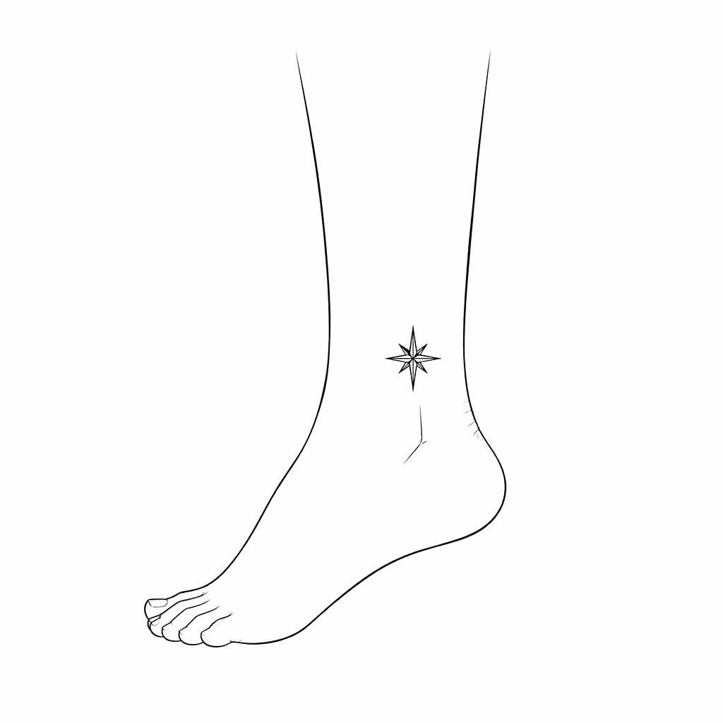 Skizze eines kleinen Stern-Tattoo-Designs mit klaren Linien auf weißem Papier, Flash-Sheet-Stil.