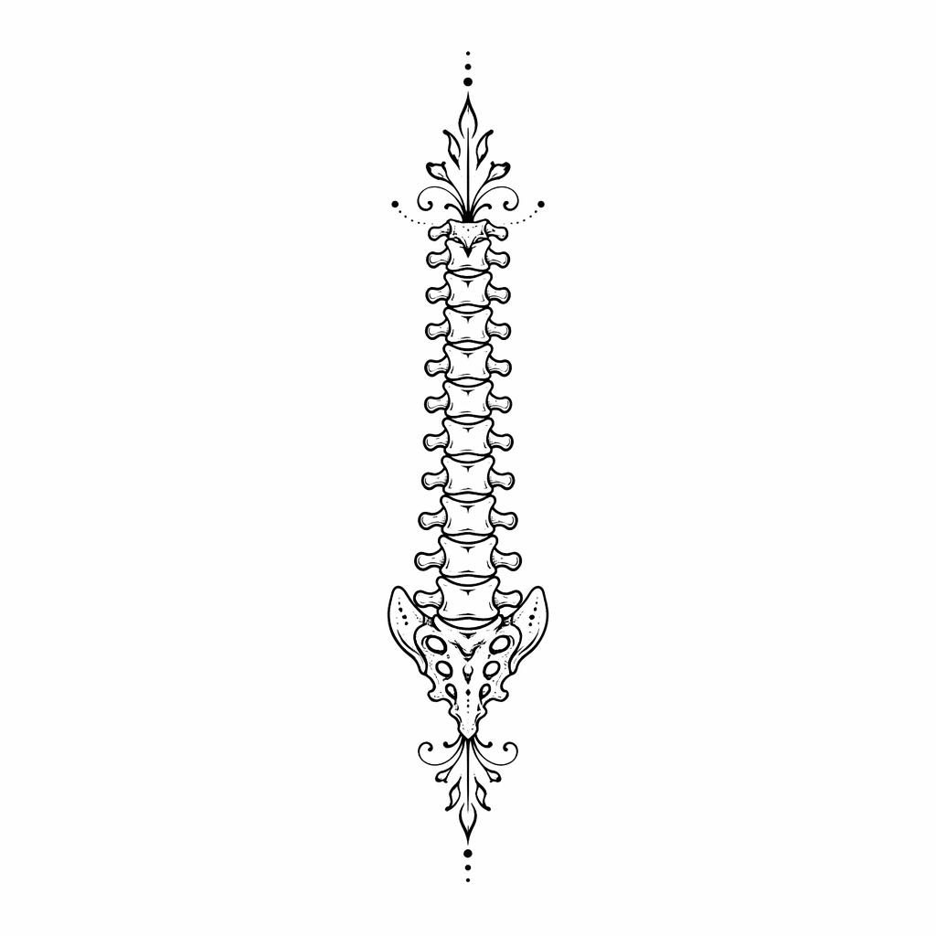 Blackwork ornamental spine tattoo design on white paper, fineline minimalist flash illustration with sharp, high-contrast lines.