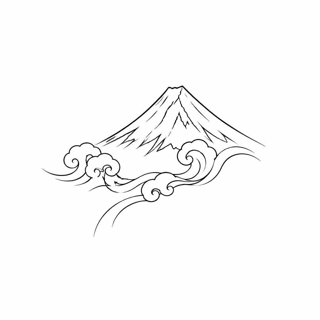 Minimalistický fineline motiv hor na bílém papíře, malý tattoo flash návrh ve stylu japonského irezumi.