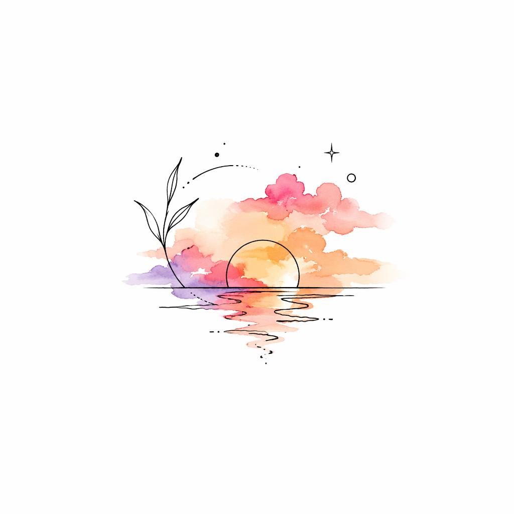 Fineline Tattoo-Konzept auf weißem Papier mit kleinem minimalistischen Motiv in Aquarell-Sunset-Farben.