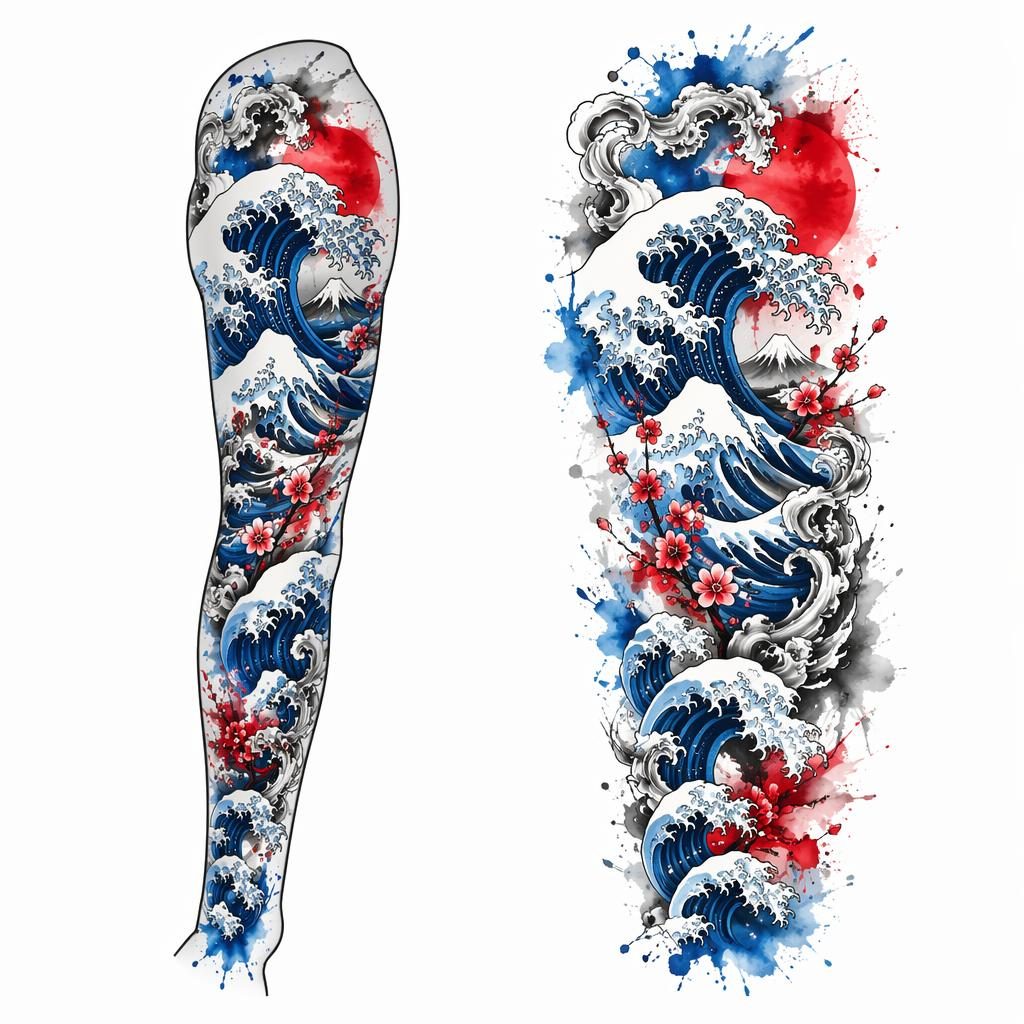Tiny Japanese wave tattoo design on white paper in watercolor splash style, clean flash-sheet lines on plain white background.