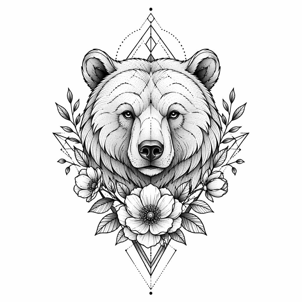 Tattoo-Design auf weißem Papier: neo traditional Bär mit floralen Elementen, geometrisch und in Dotwork.