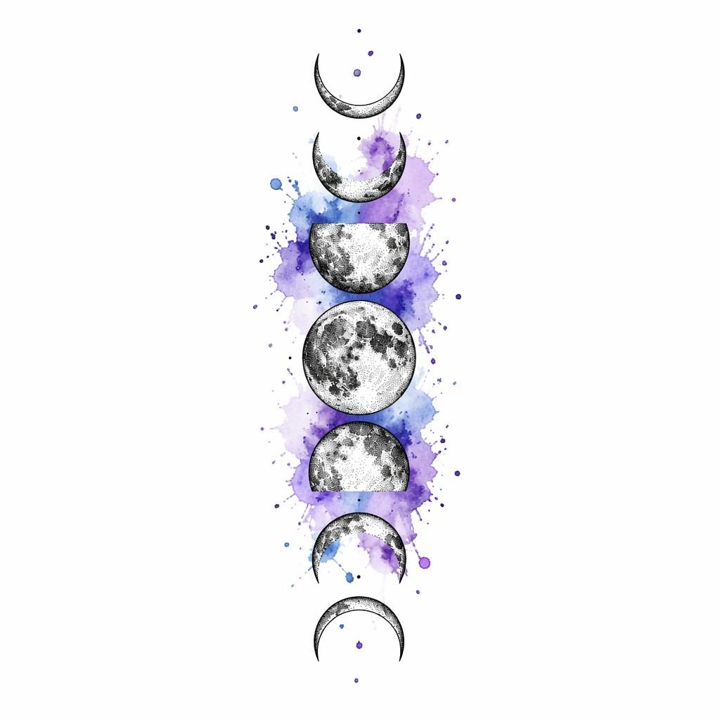 Tattoo flash design on white paper showing dotwork moon phases with watercolor splash accents for a small inner forearm or wrist tattoo.