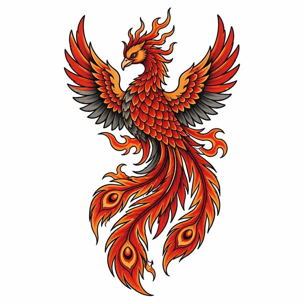Neo-traditionelles Tattoo-Design eines japanischen Phönix als Rückenmotiv auf weißem Papier, klare Linien, hoher Kontrast