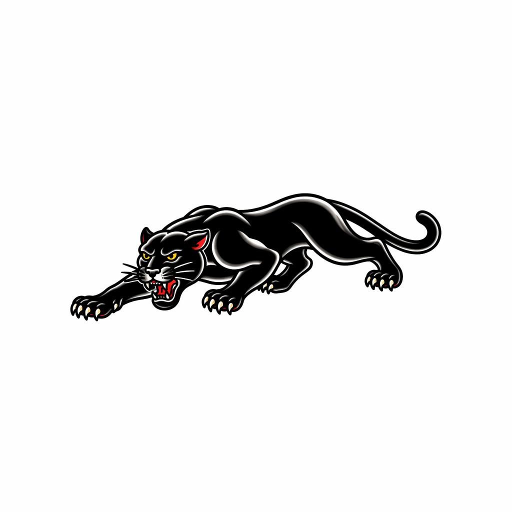 Diseño de tatuaje de pantera tradicional americana reptando sobre papel blanco, líneas nítidas, alto contraste y tamaño mini.