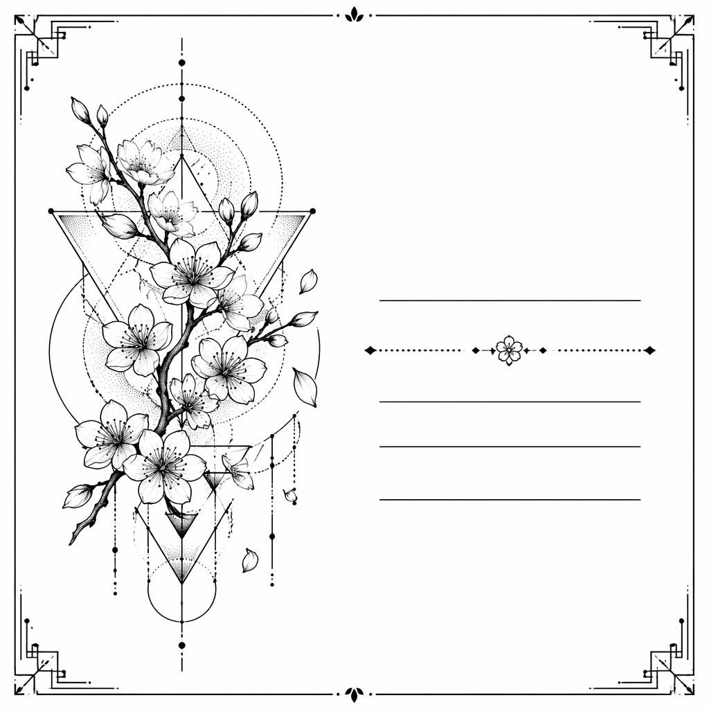 Tattoo-Design einer japanischen Kirschblüte in geometrischem Dotwork auf weißem Papier, klare Linien, Flashsheet-Stil