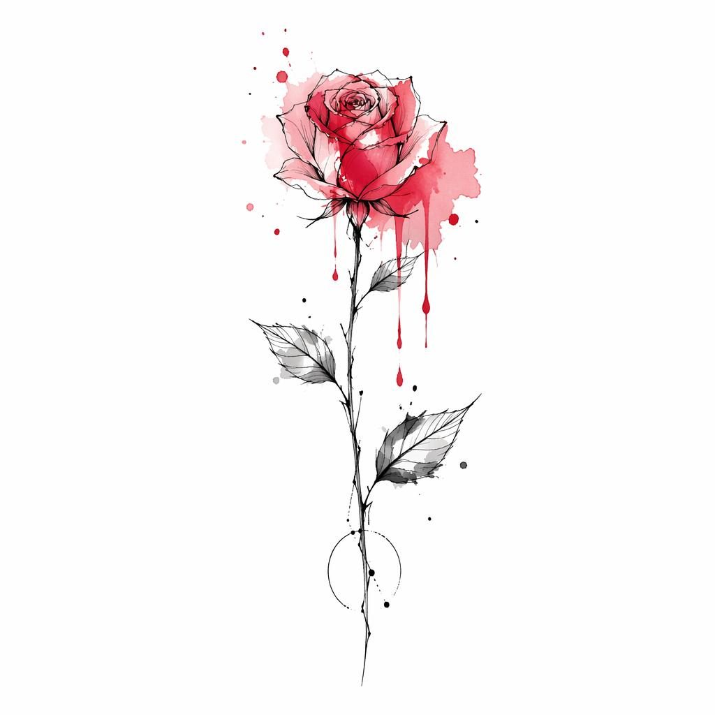 Minimalist fineline rose tattoo flash on white paper with watercolor splash accents, sharp black lines, plain background.