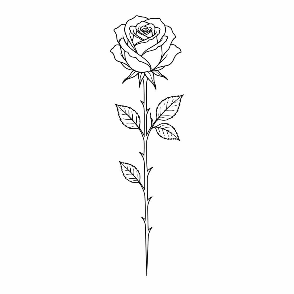 Minimalistische Fineline-Rose auf weißem Papier im American-Traditional-Flash-Stil, kontrastreich mit scharfen Linien.