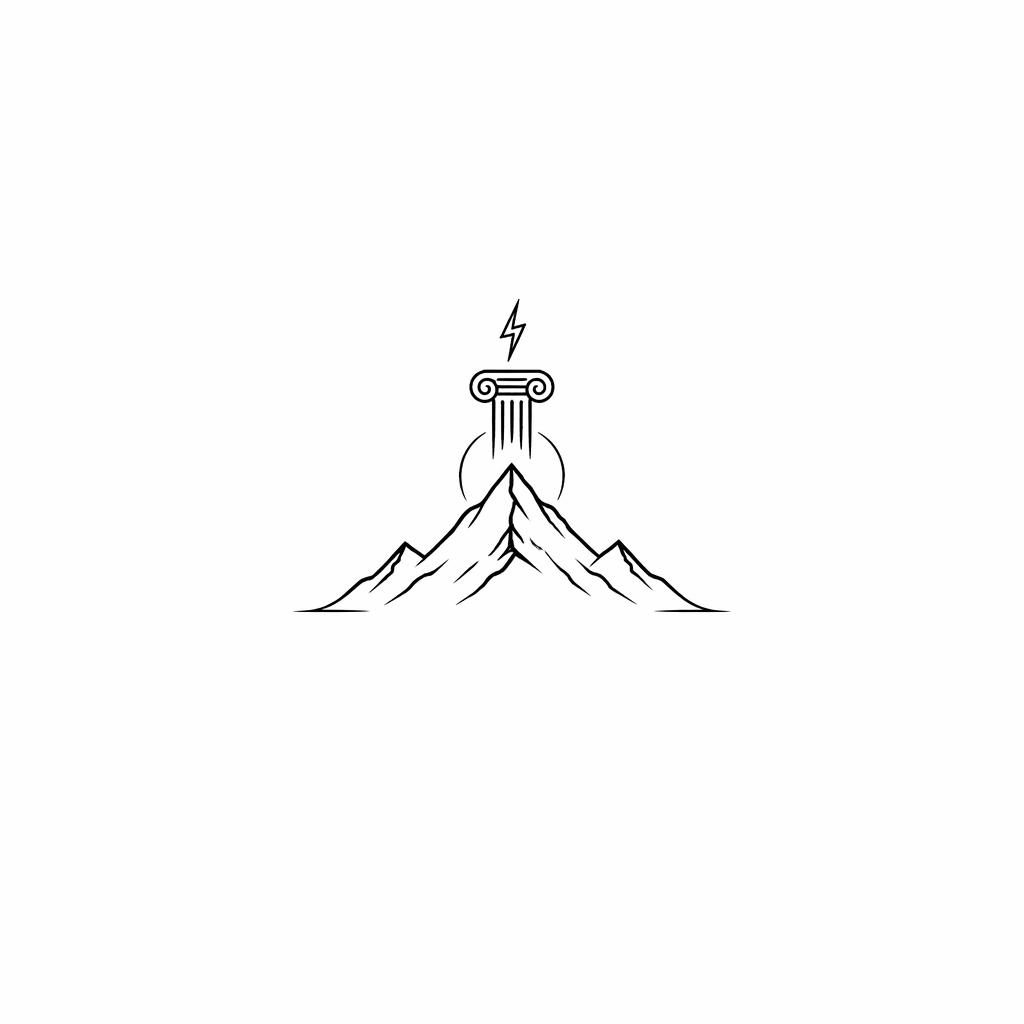 Minimalist fineline mountain tattoo design on white paper, tiny tribal wrist flash illustration with sharp black lines.