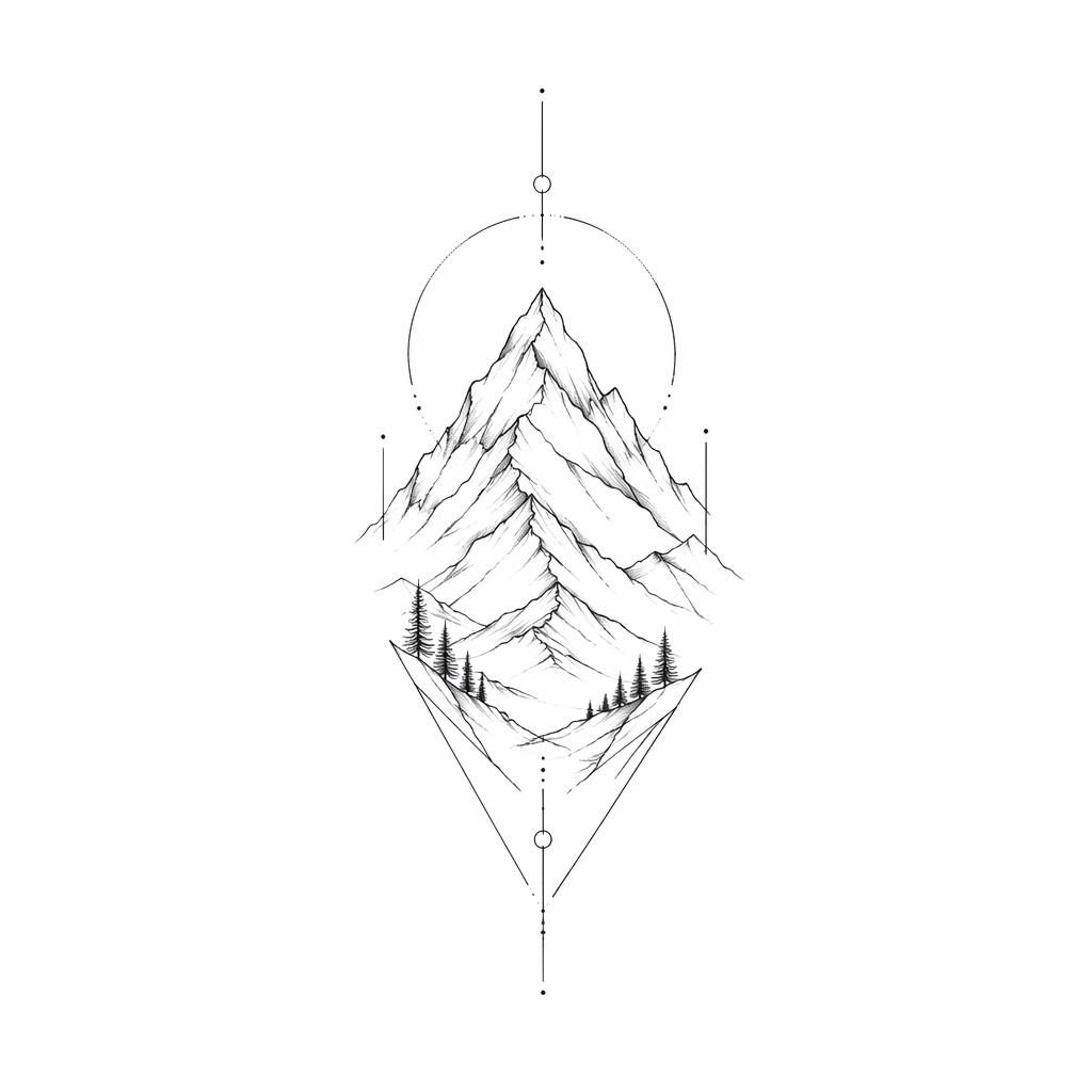 Diseño de tatuaje de montaña minimalista fineline en papel blanco, estilo linework limpio y alto contraste.