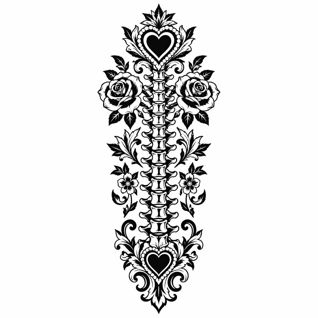 Schwarzweißer Tattoo-Entwurf auf weißem Papier: ornamentales Wirbelsäulenmotiv im Traditional-American-Stil.