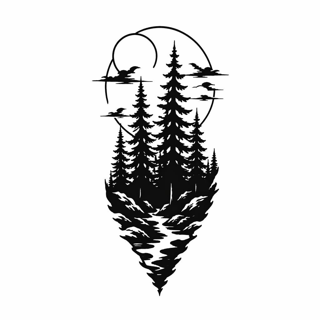 Diseño de tatuaje en papel blanco con silueta de bosque en blackwork, líneas nítidas y estilo irezumi japonés.