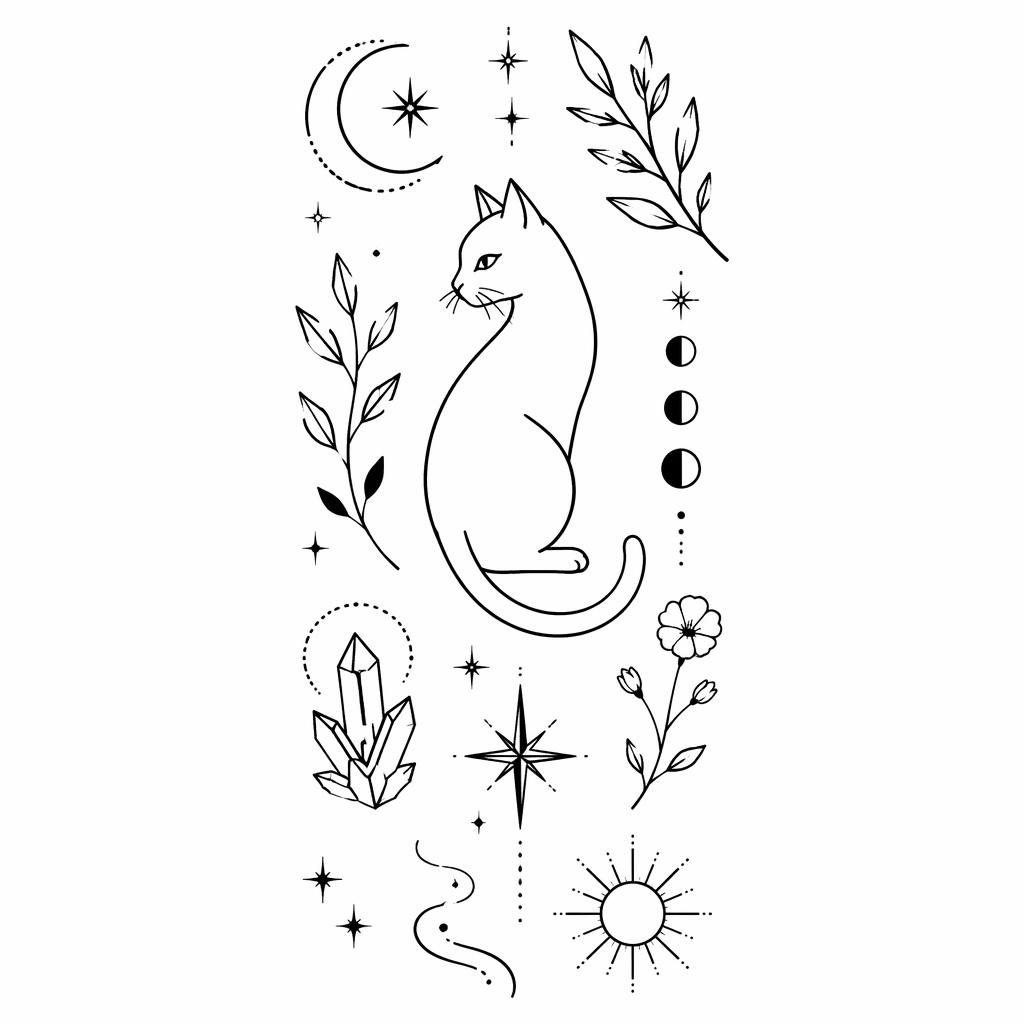 Blackwork tattoo flash of a minimalist fineline cat outline on white paper, clean sharp lines, no shading.