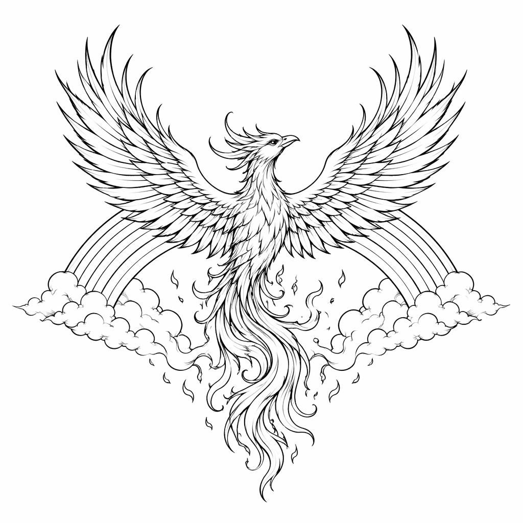 Linework tattoo flash on white paper showing a small phoenix rising chest piece with sharp black outlines.