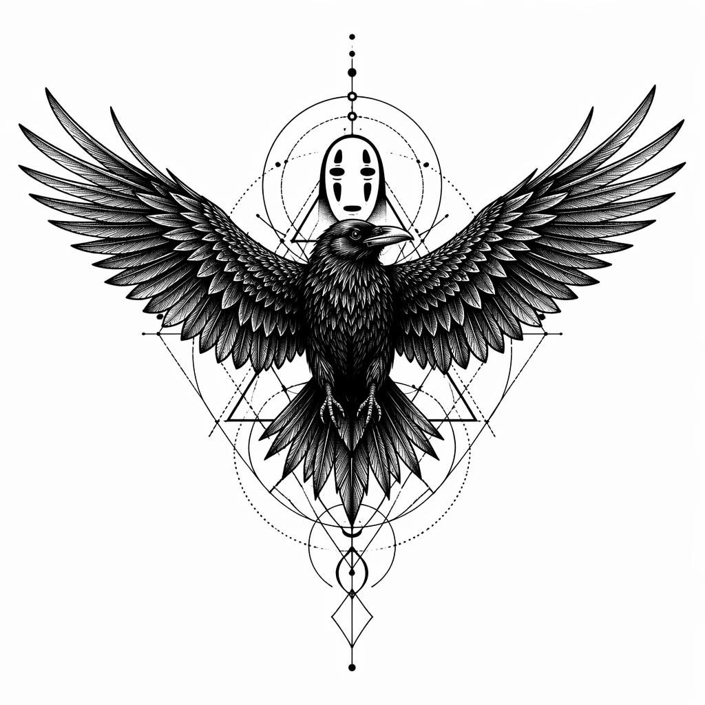Blackwork raven tattoo design on white paper with spread wings, geometric dotwork details, sharp high-contrast lines.