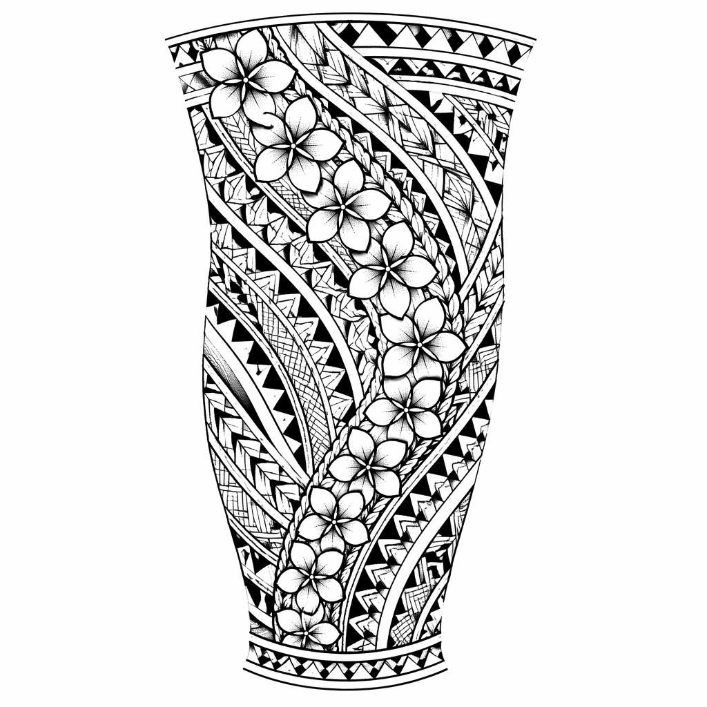 Black ink tattoo flash on white paper showing a Samoan-style calf wrap in geometric dotwork with sharp high-contrast lines.
