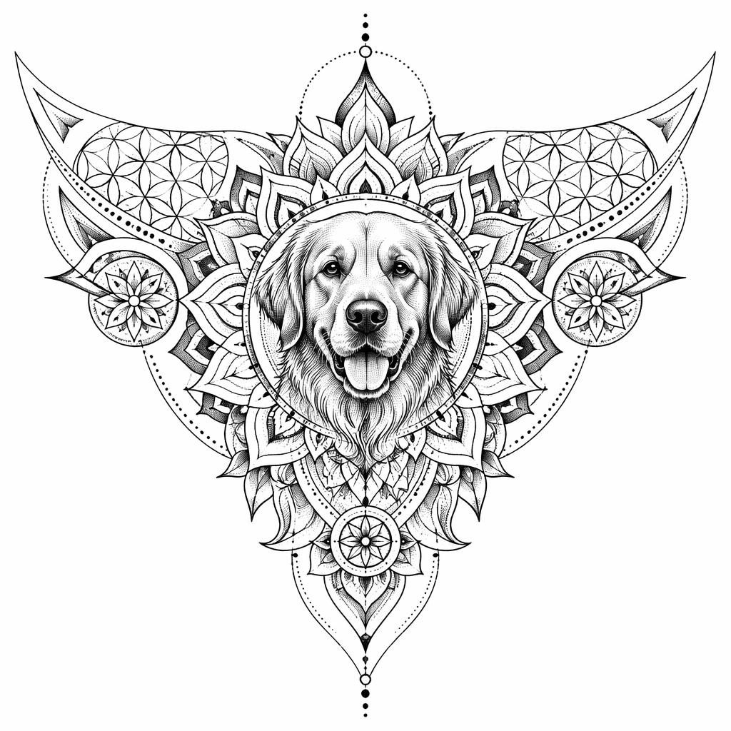 Diseño de tatuaje en papel blanco con mandala para pecho, estilo geométrico y dotwork, líneas nítidas y alto contraste.