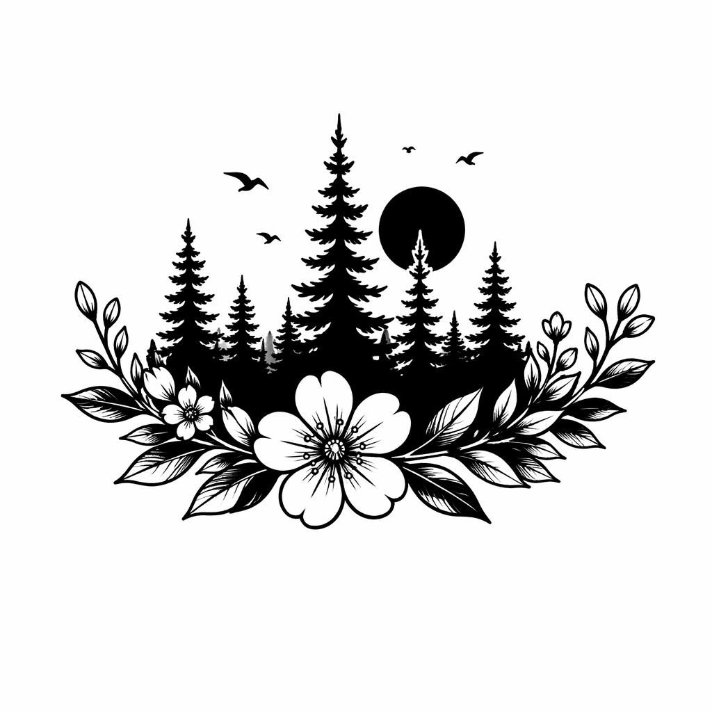 Tattoo-Design auf weißem Papier: kleine Blackwork-Waldsilhouette im neo-traditionellen Flash-Stil.