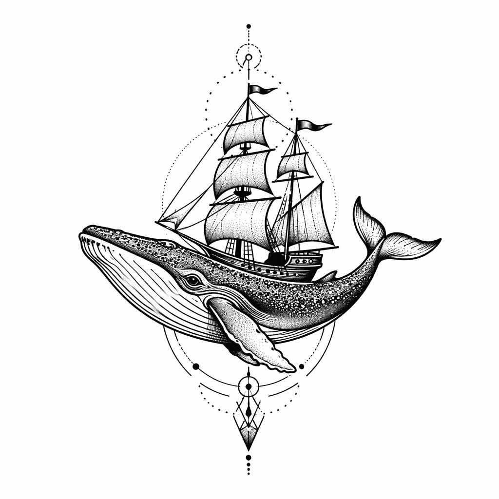 Neo traditional whale ship tattoo flash on white paper, geometric dotwork style, small wrist-sized design with sharp lines.