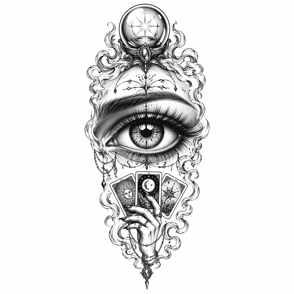 High-contrast tattoo flash concept on white paper featuring a realism eye macro with sharp script-style detailing.