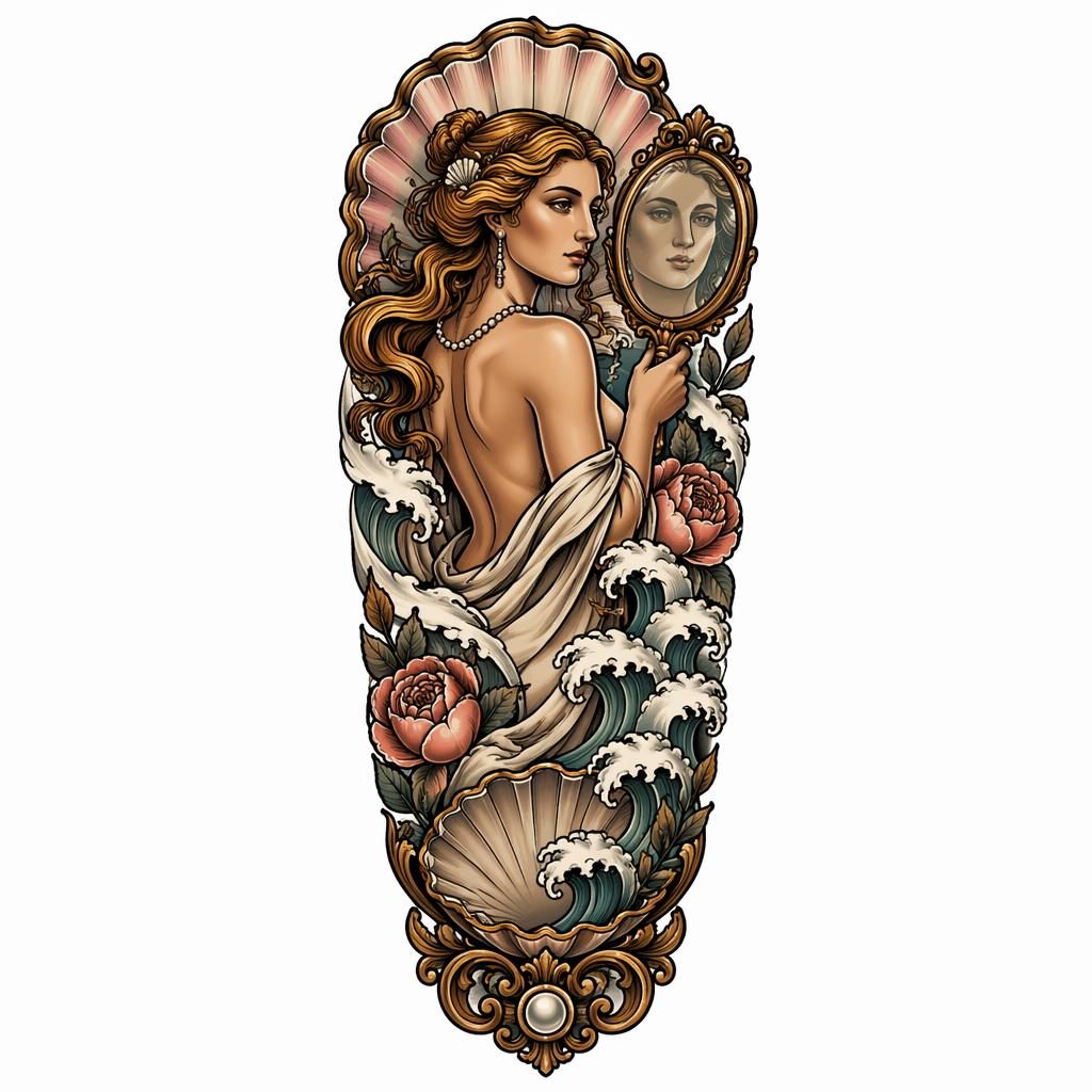 Concepto de diseno de tatuaje en papel blanco con espejo Venus neo tradicional, retrato realista y líneas nítidas