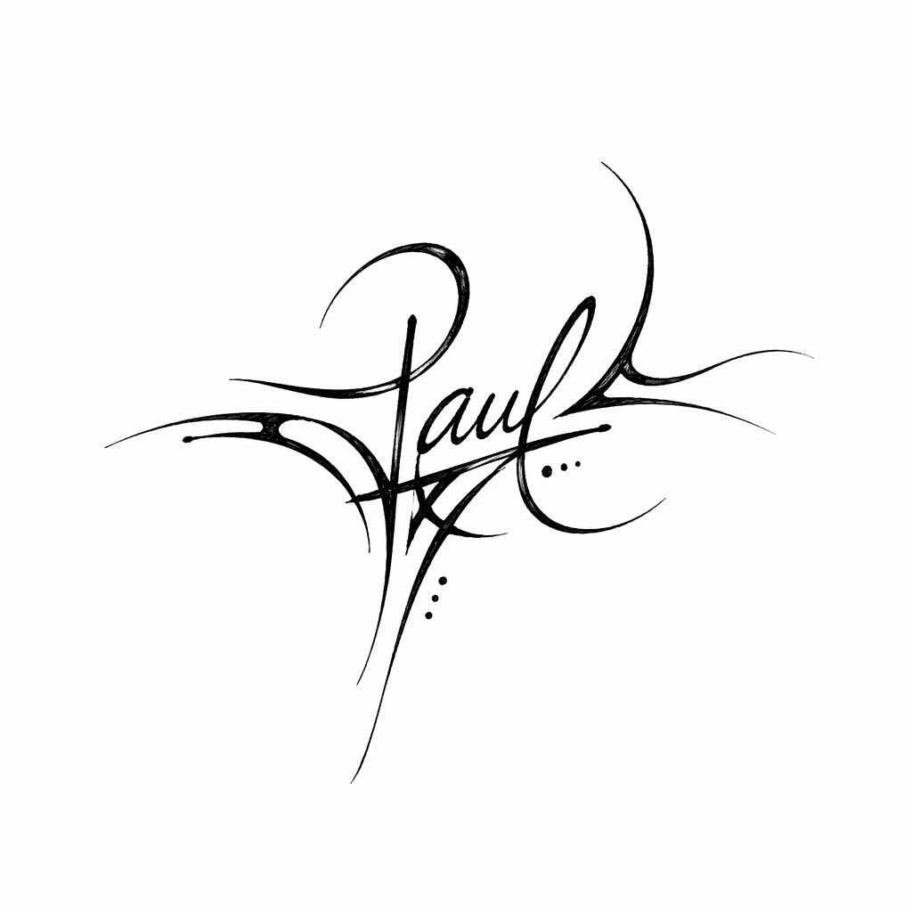 Black tribal script signature tattoo flash concept on white paper, tiny rib cage placement, sharp clean lines.