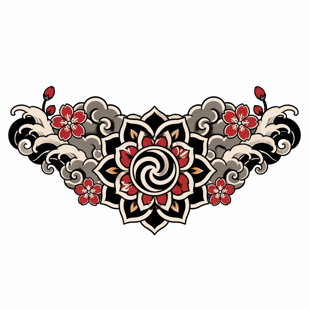 Japanese irezumi-inspired mandala chest piece tattoo design on white paper, small collarbone flash illustration.