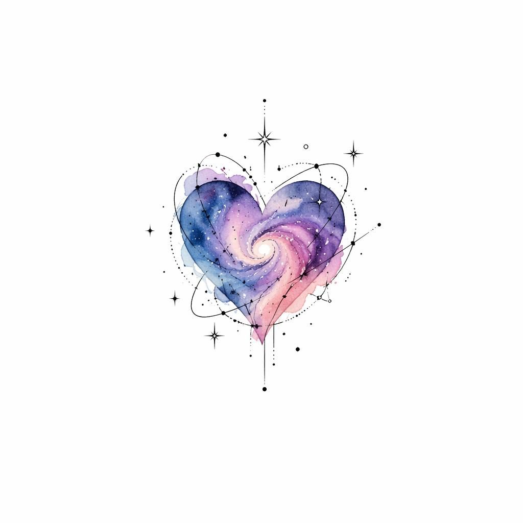 Tattoo-Design auf weißem Papier: kleine abstrakte Aquarell-Galaxie im Fineline-Stil, sauber und kontrastreich.