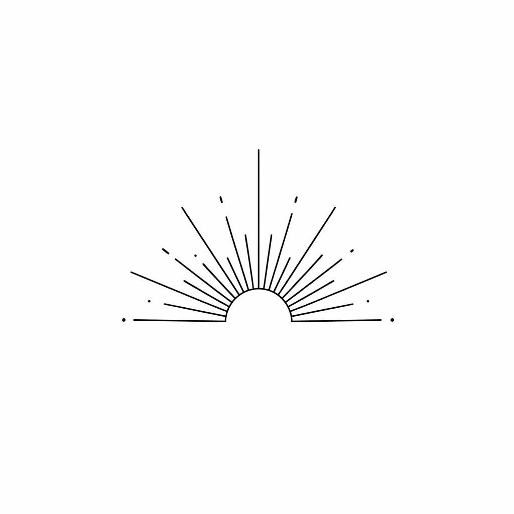 Minimalist fineline sun rays tattoo design on white paper, tiny Japanese irezumi-inspired flash illustration.
