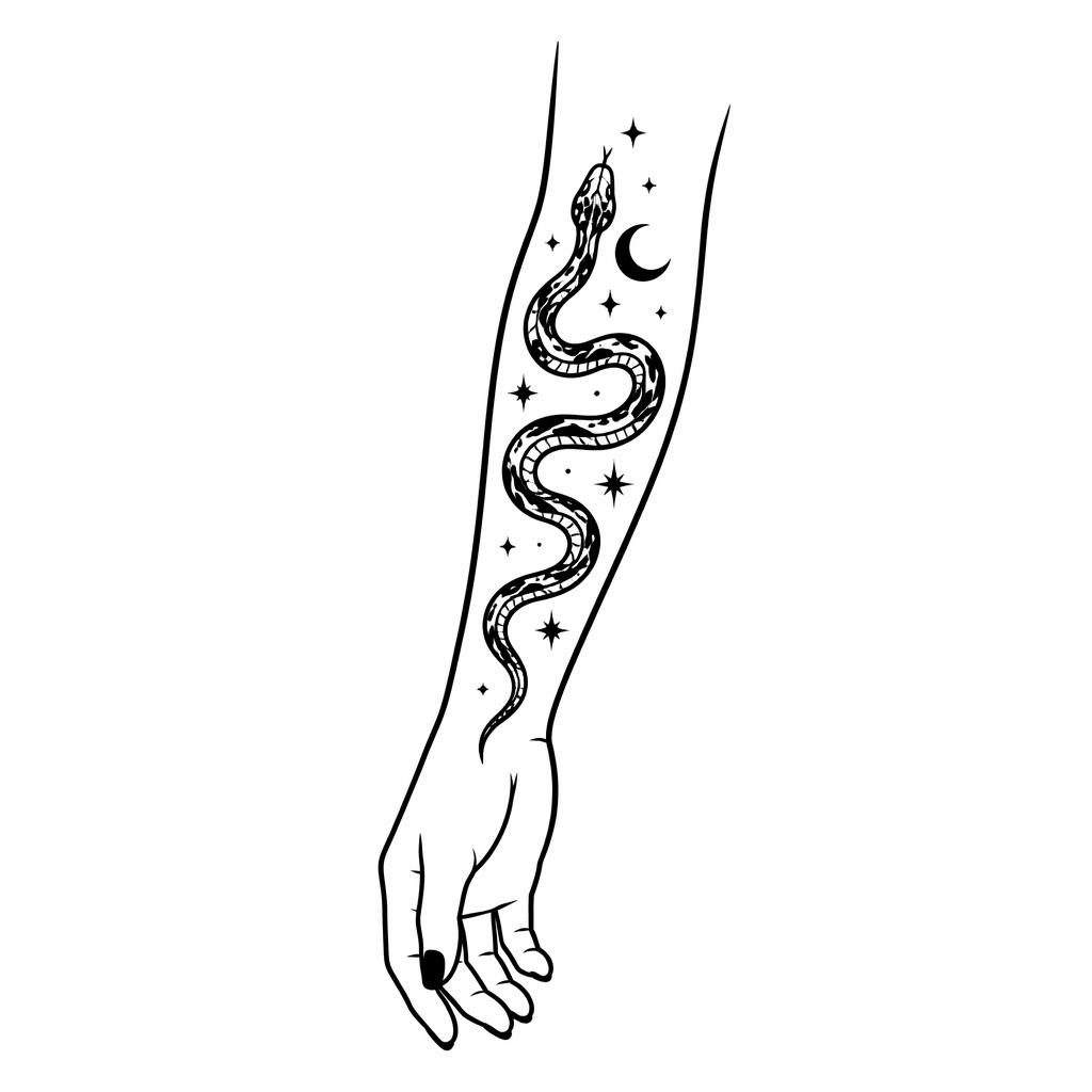 Blackwork tattoo flash design on white paper showing a tiny snake winding along an arm with bold, sharp lines.