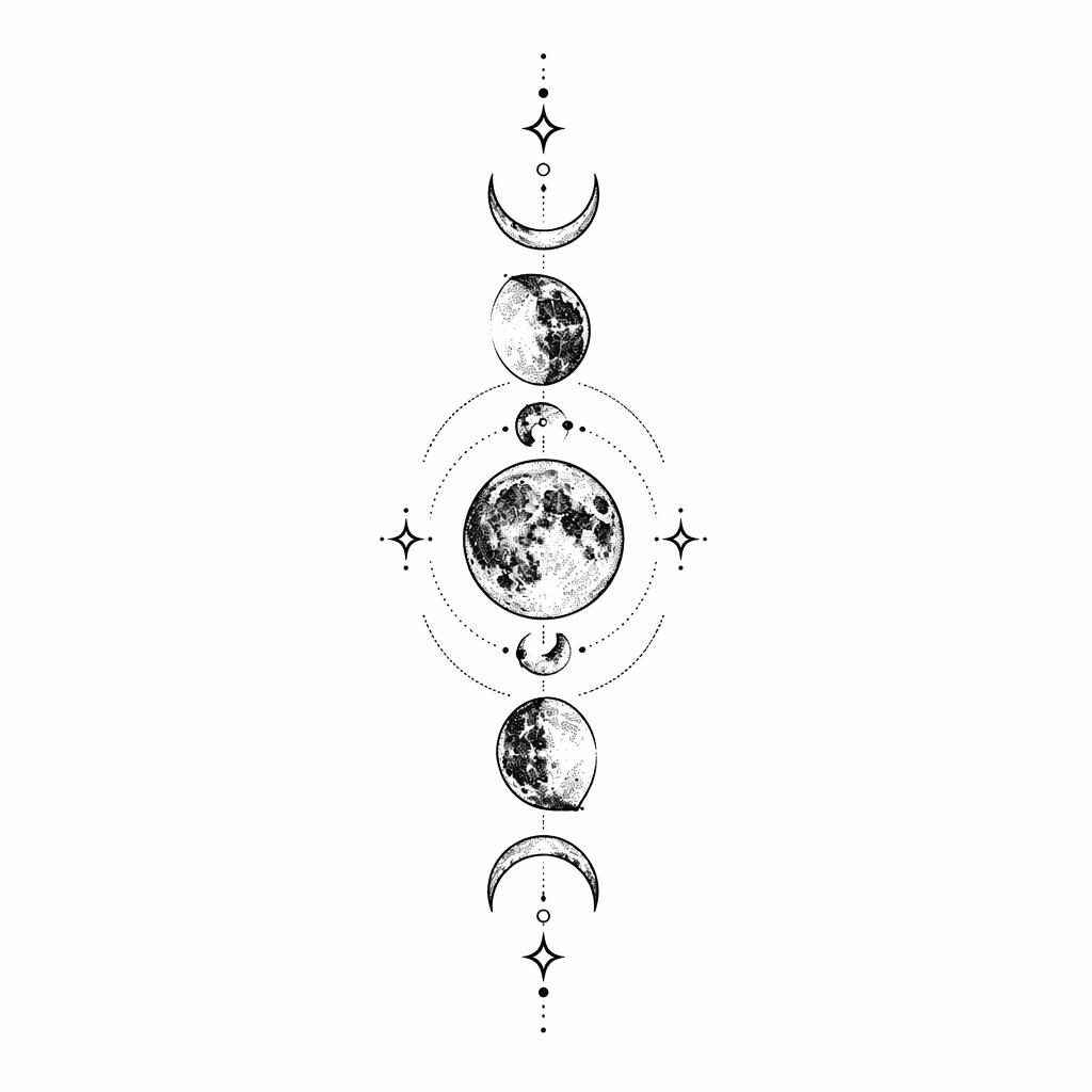 Neo-traditional tattoo flash on white paper showing dotwork moon phases in a vertical forearm-style layout.