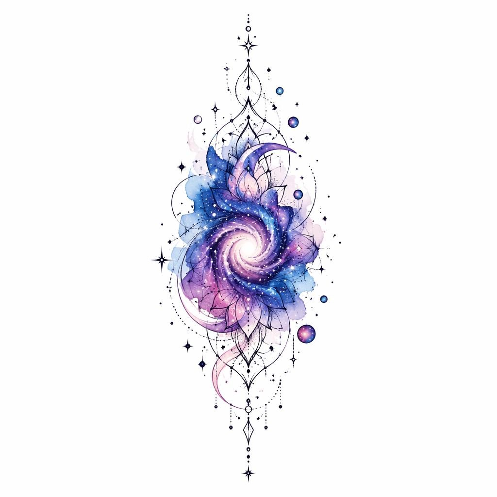Fineline minimalist tattoo design of a watercolor abstract galaxy on white paper, clean flash-sheet illustration.