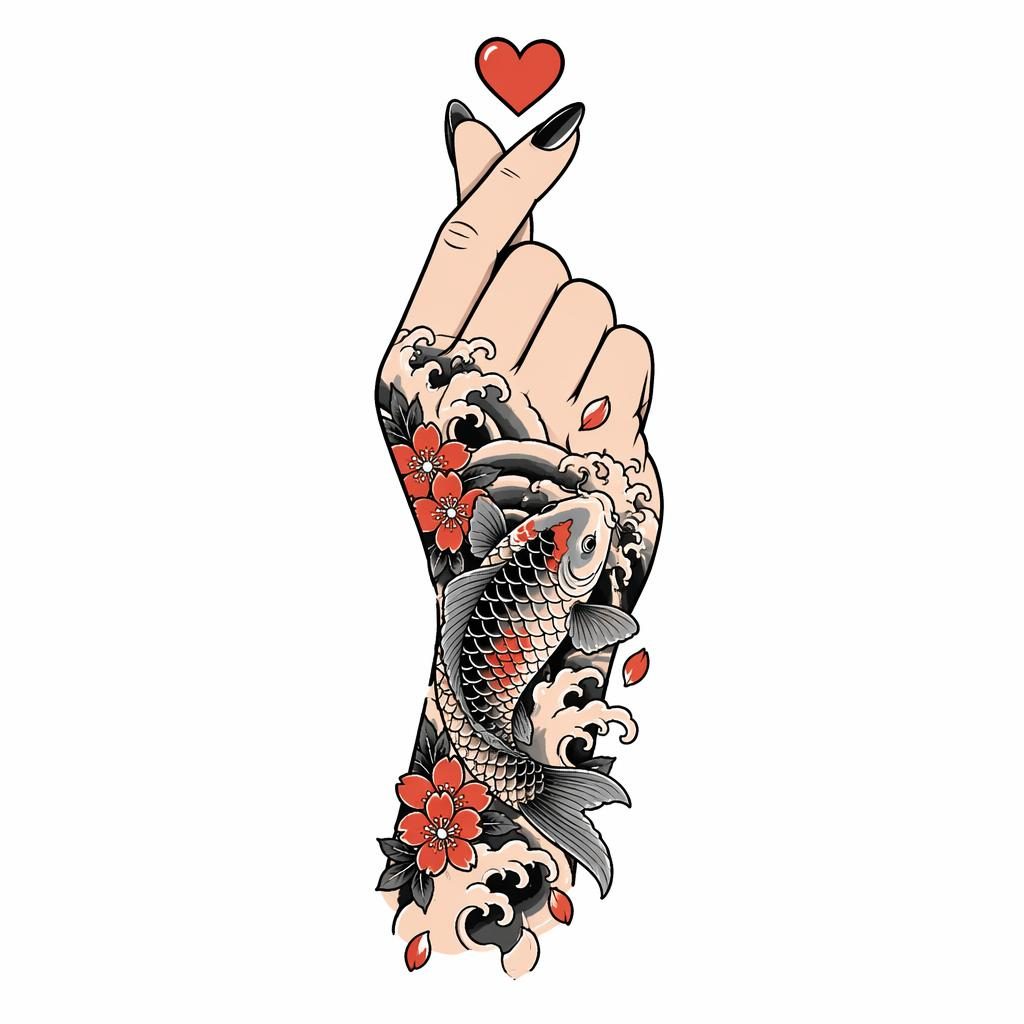Japanese irezumi tattoo flash concept on white paper showing a small heart finger design with sharp black lines.
