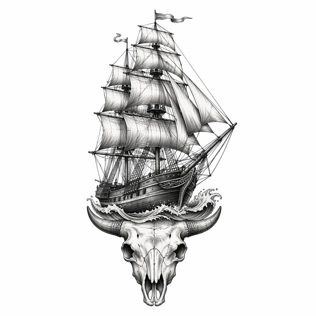 Clean tattoo flash illustration of a full-rigged traditional ship on plain white paper with sharp high-contrast lines.