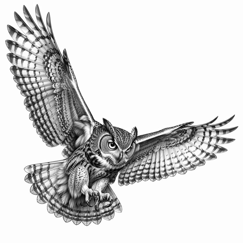 Tattoo-Entwurf auf weißem Papier: realistische Eule im Flug als kontrastreiche Flash-Sheet-Illustration.
