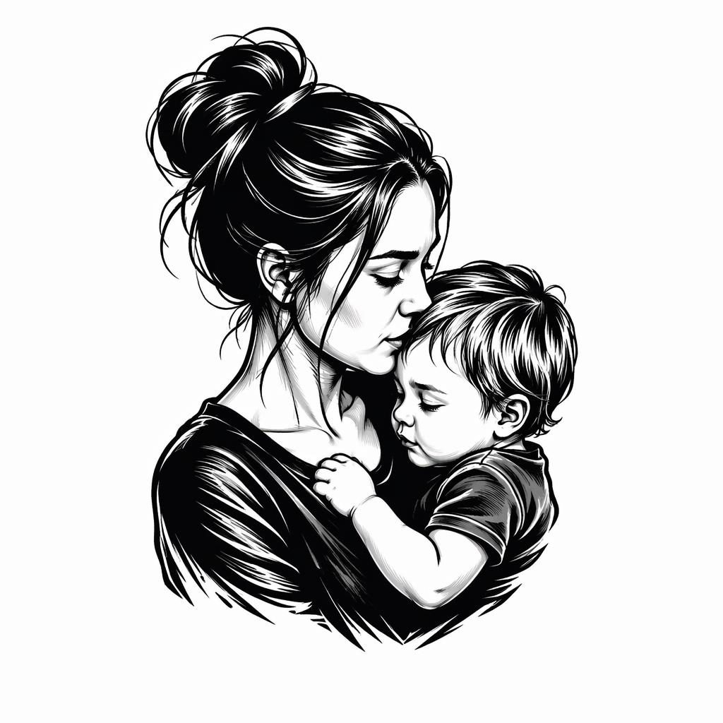 Blackwork tattoo flash on white paper showing a realistic mother and child portrait with bold sharp lines.