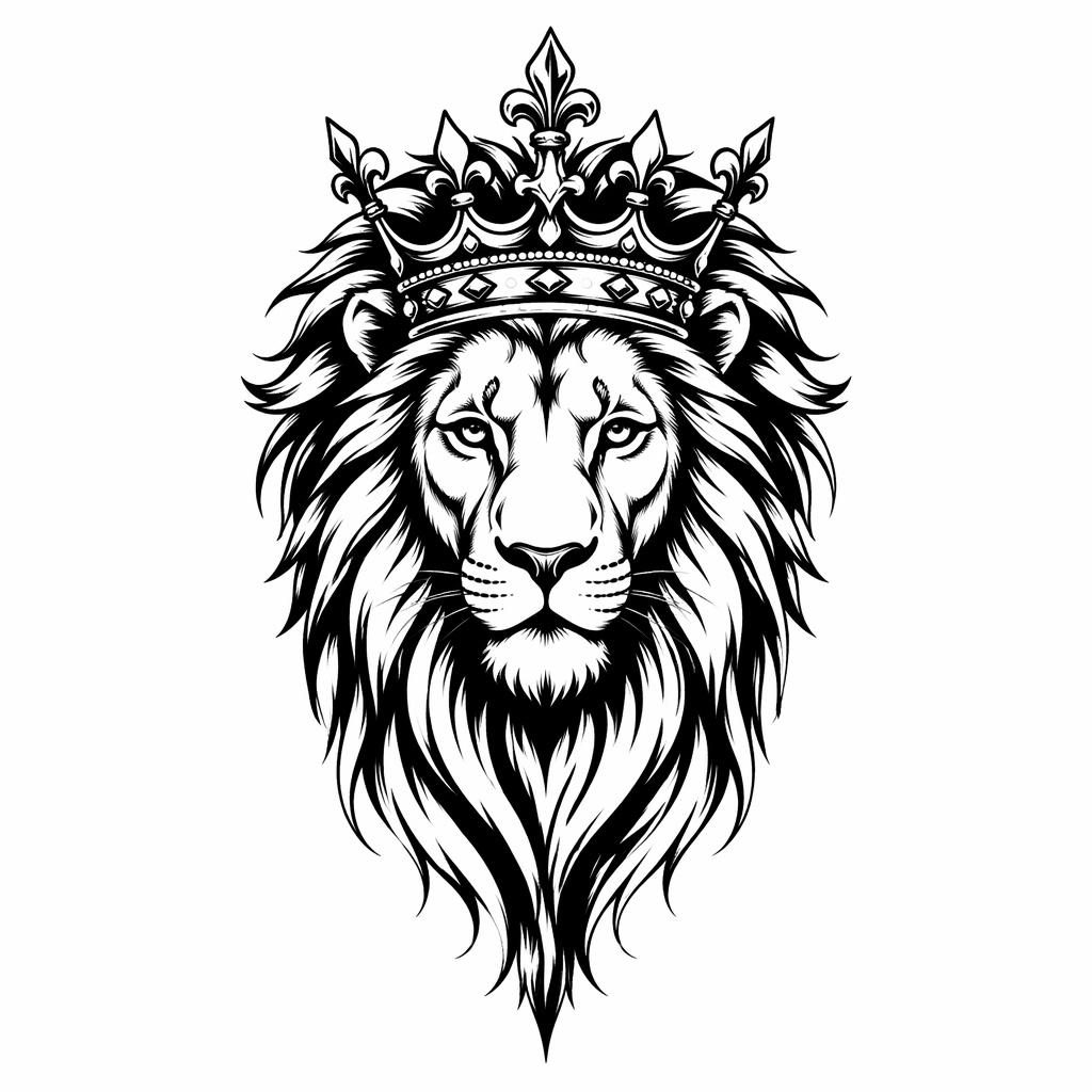 Concept de tatouage sur papier blanc : lion avec couronne en style blackwork, lignes nettes, contraste fort.
