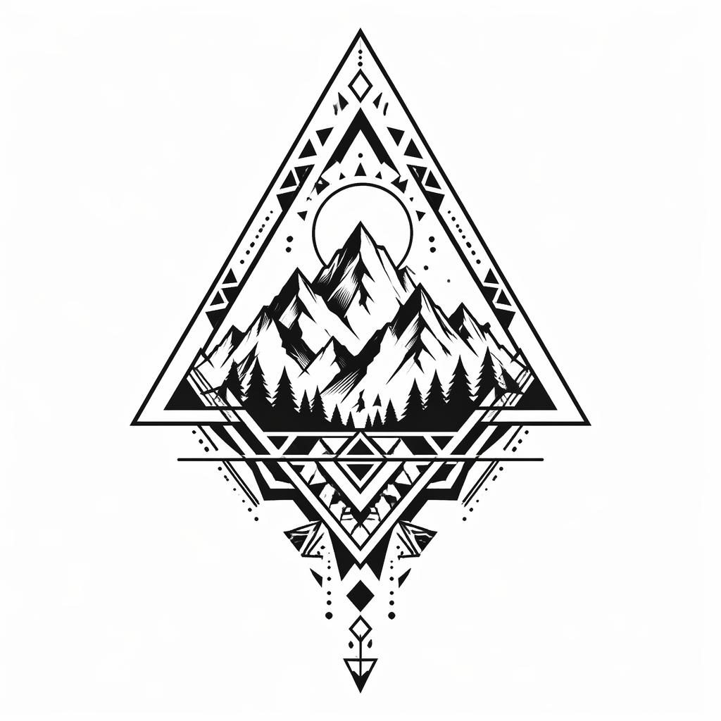 Black tribal geometric mountain triangle tattoo design on white paper, clean flash-sheet lines, high contrast.