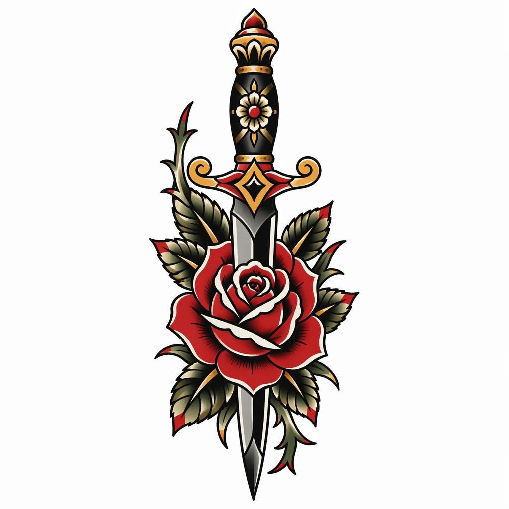 Neo-traditional rose dagger tattoo flash on white paper with bold lines, high contrast, and clean ankle or sleeve panel layout.