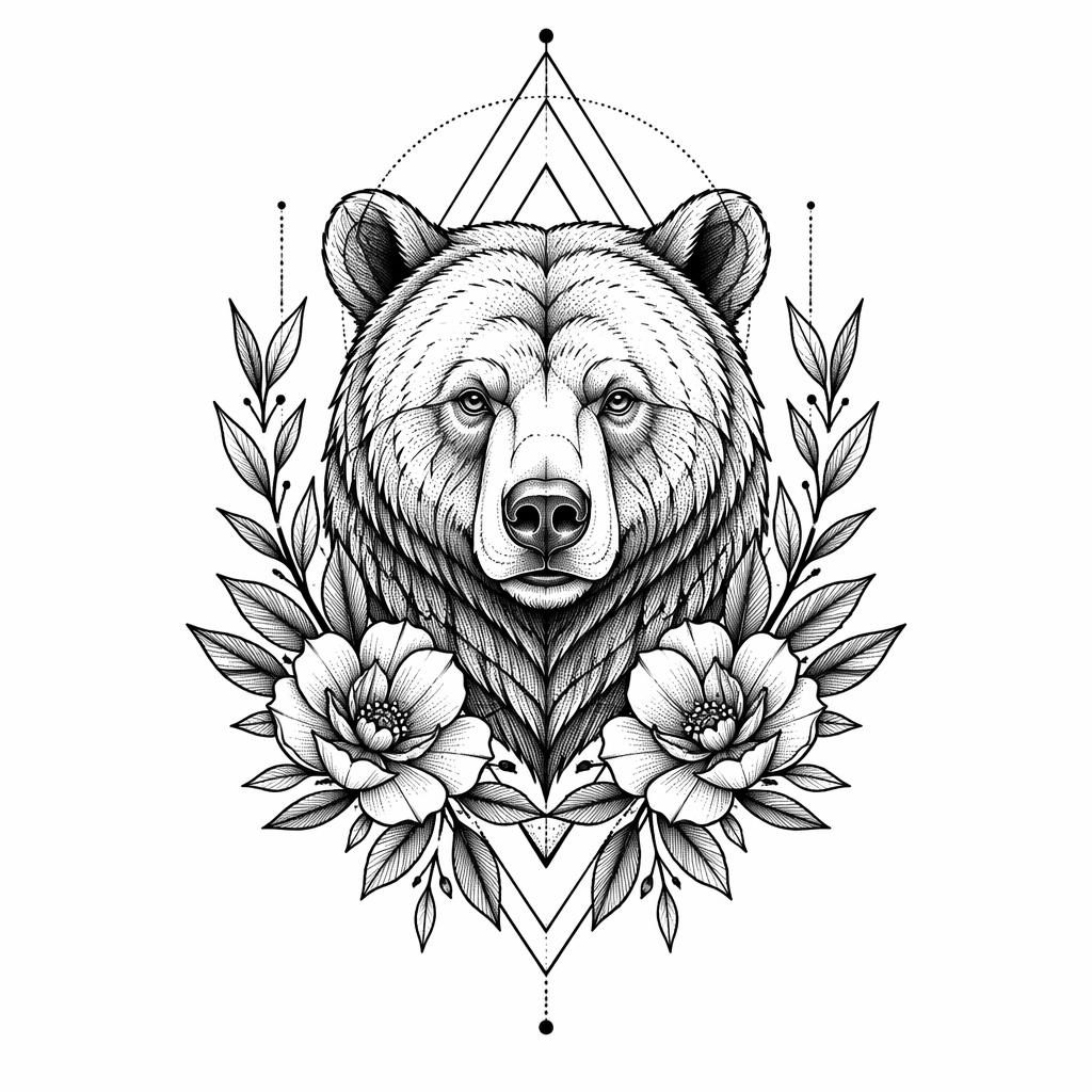 Tattoo-Design auf weißem Papier: neo-traditioneller Bär mit floralen Elementen, geometrisch und in Dotwork.