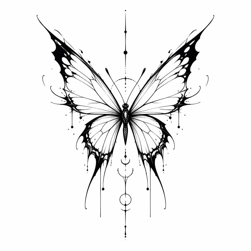 Blackwork minimalist fineline butterfly tattoo design on white paper, sharp bold lines, flash-sheet style.